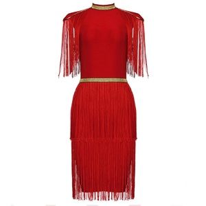 SHEIN RED TASSEL GOLD STRIPED BANDAGE FRINGE SHORT SLEEVE MINI DRESS